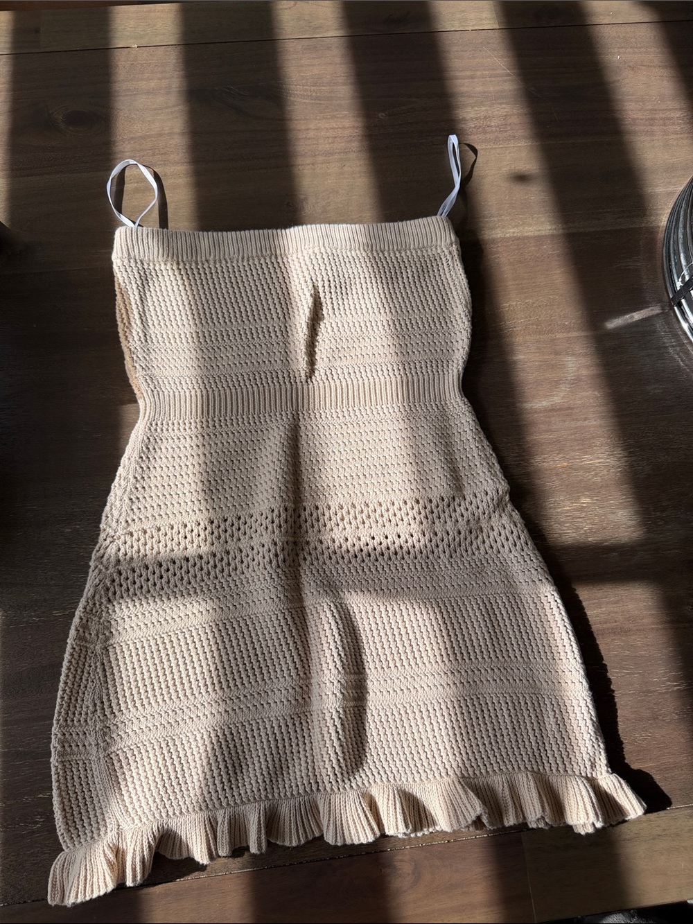 Lulu's Beige Knit Ruffle-Hem Mini Dress